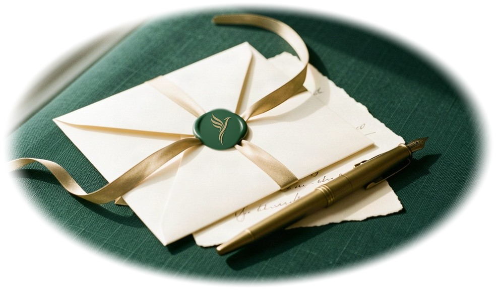 La Lettre d'Orezia : enveloppe scellée du phénix au sceau vert, ruban et stylo dorés, posés sur un tissu vert